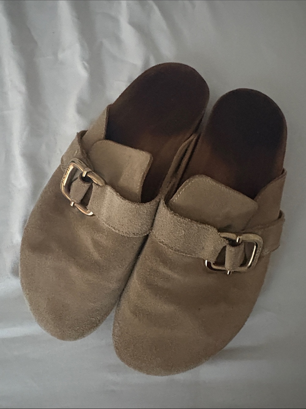Flattered Suede Slide Mules in Taupe with Gold Buckles